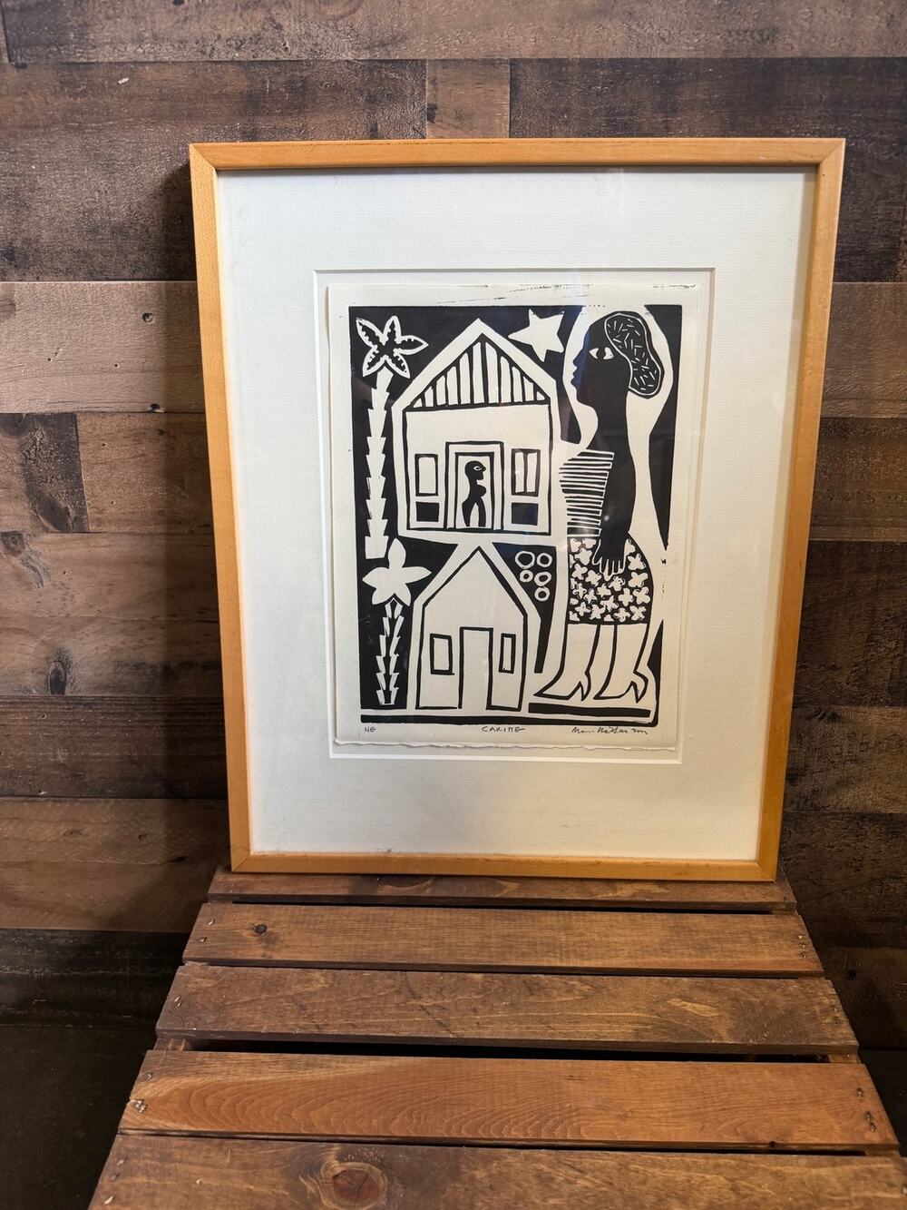 Vintage Marc Nathanson Linocut Print Caribe-Signed Woodblock-Caribbean Art 17x21